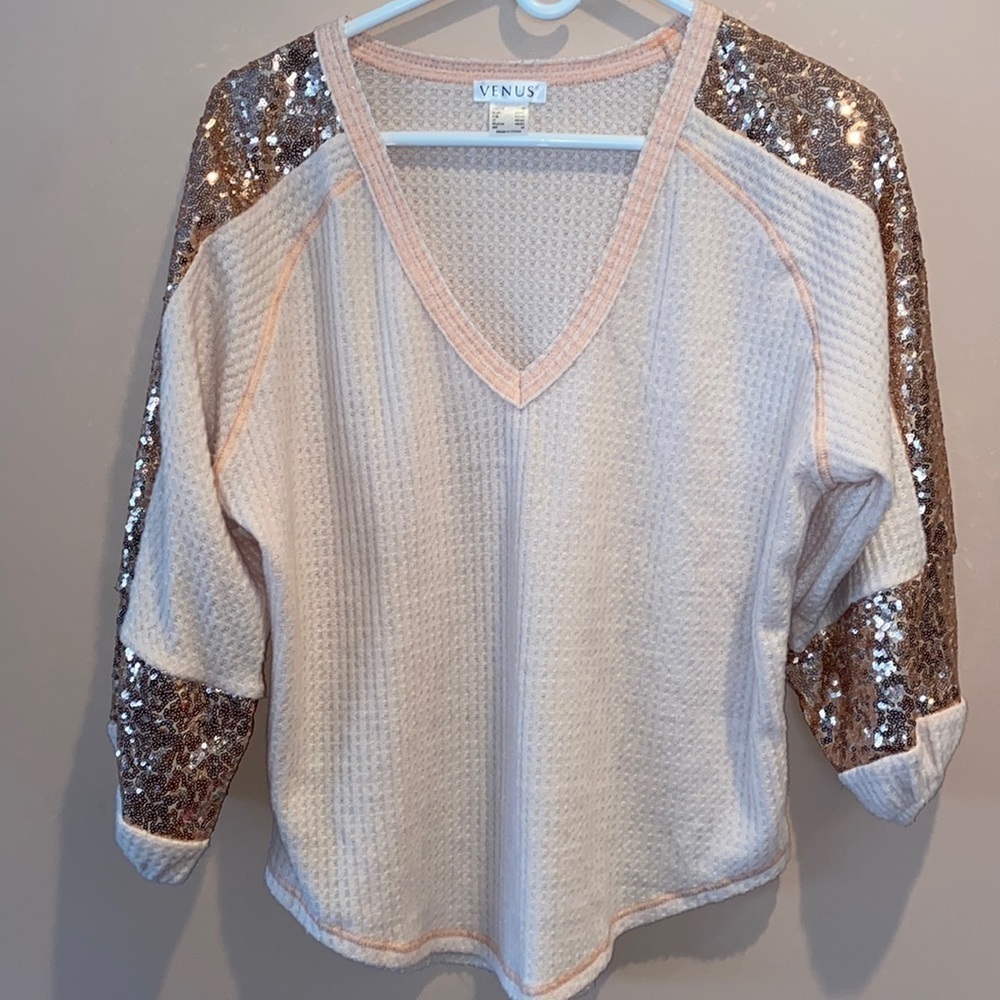 VENUS Cream Waffle Knit Top with Rose Gold Sequin Sleeves